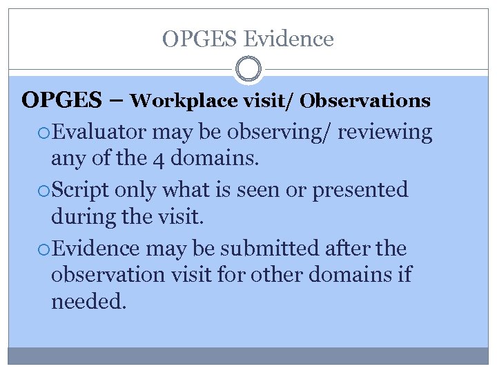 OPGES Evidence OPGES – Workplace visit/ Observations Evaluator may be observing/ reviewing any of