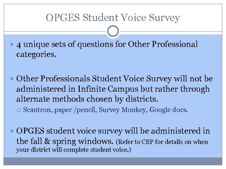 OPGES Student Voice Survey 4 unique sets of questions for Other Professional categories. Other