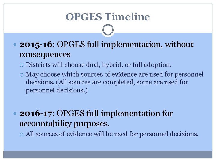 OPGES Timeline 2015 -16: OPGES full implementation, without consequences Districts will choose dual, hybrid,