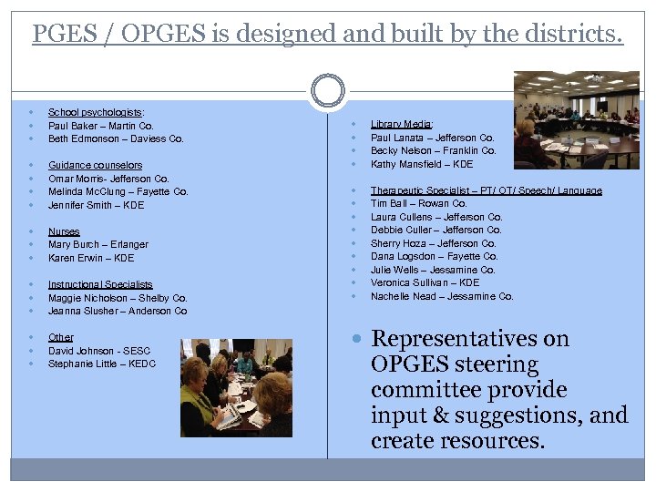 PGES / OPGES is designed and built by the districts. School psychologists: Paul Baker