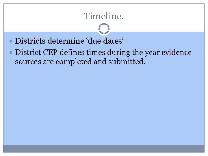 Timeline. Districts determine ‘due dates’ District CEP defines times during the year evidence sources