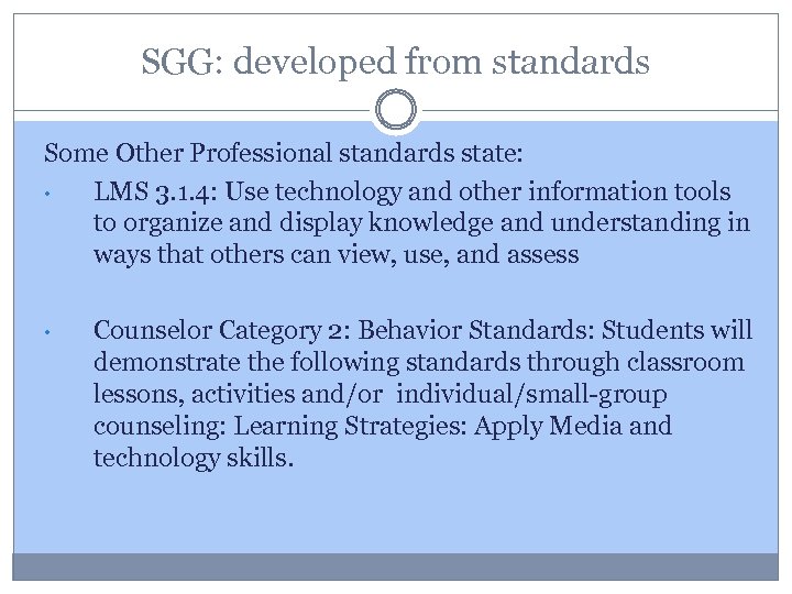 SGG: developed from standards Some Other Professional standards state: • LMS 3. 1. 4: