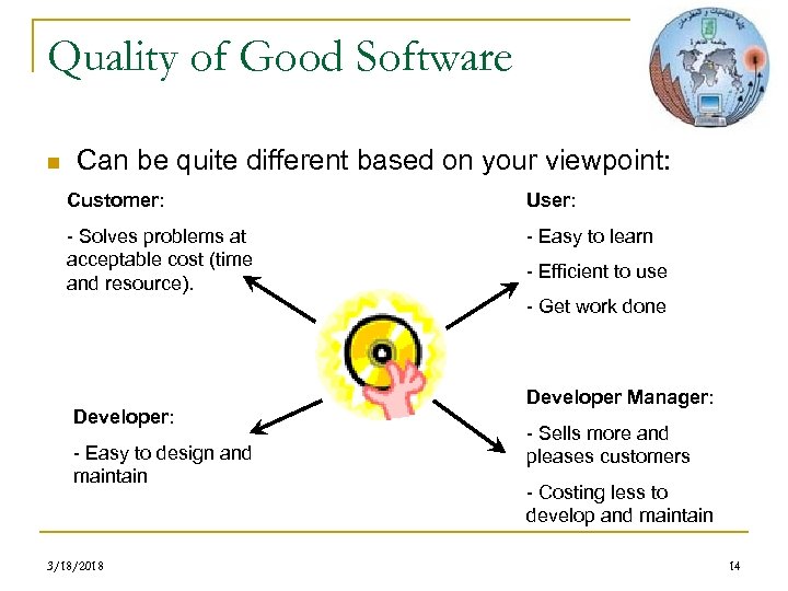Quality of Good Software n Can be quite different based on your viewpoint: Customer: