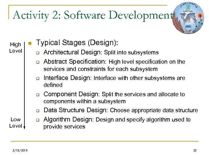 Activity 2: Software Development High Level n Typical Stages (Design): q q Architectural Design: