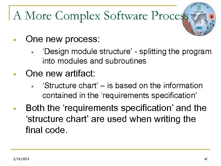 A More Complex Software Process § One new process: § § One new artifact: