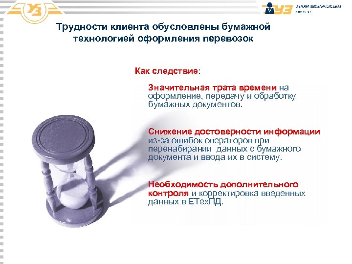 Трудности клиента обусловлены бумажной технологией оформления перевозок Как следствие: - Значительная трата времени на