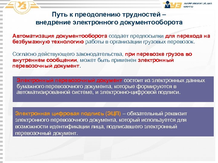 Путь к преодолению трудностей – внедрение электронного документооборота • Автоматизация документооборота создает предпосылки для