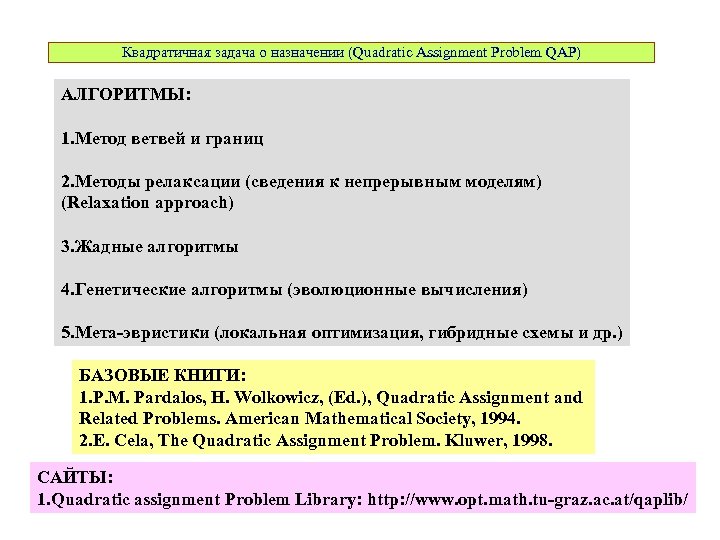 Квадратичная задача о назначении (Quadratic Assignment Problem QAP) АЛГОРИТМЫ: 1. Метод ветвей и границ