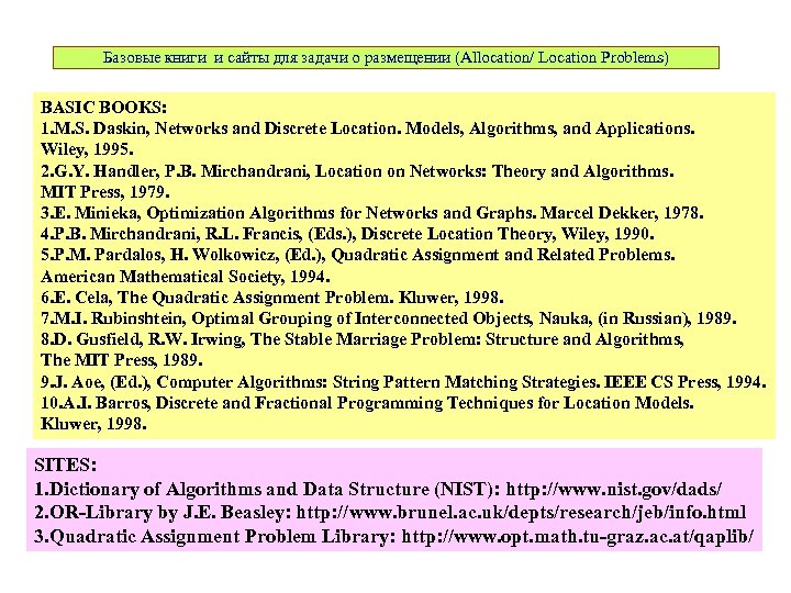 Базовые книги и сайты для задачи о размещении (Allocation/ Location Problems) BASIC BOOKS: 1.