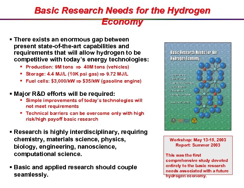 Basic Research Needs for the Hydrogen Economy § There exists an enormous gap between