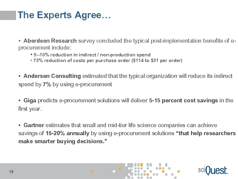The Experts Agree… • Aberdeen Research survey concluded the typical post-implementation benefits of eprocurement