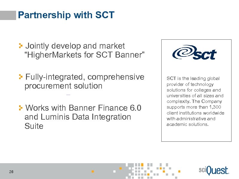 Partnership with SCT Jointly develop and market “Higher. Markets for SCT Banner” Fully-integrated, comprehensive