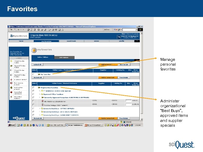 Favorites Manage personal favorites Administer organizational “Best Buys”, approved items and supplier specials 33