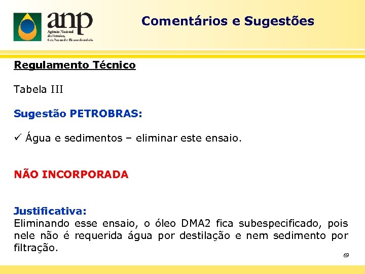 Comentários e Sugestões Regulamento Técnico Tabela III Sugestão PETROBRAS: ü Água e sedimentos –