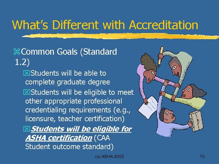 What’s Different with Accreditation z. Common Goals (Standard 1. 2) x. Students will be