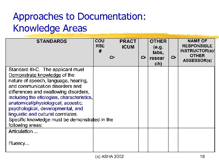 Approaches to Documentation: Knowledge Areas (c) ASHA 2002 18 