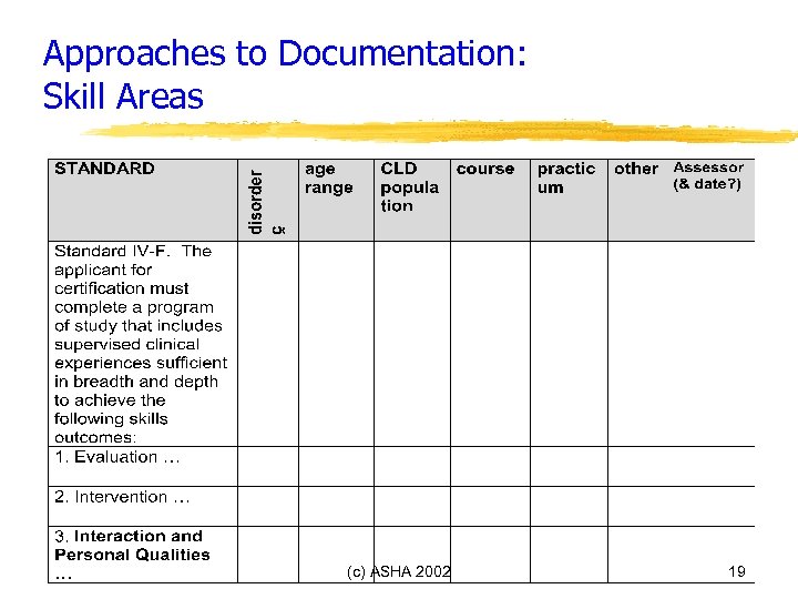 Approaches to Documentation: Skill Areas (c) ASHA 2002 19 