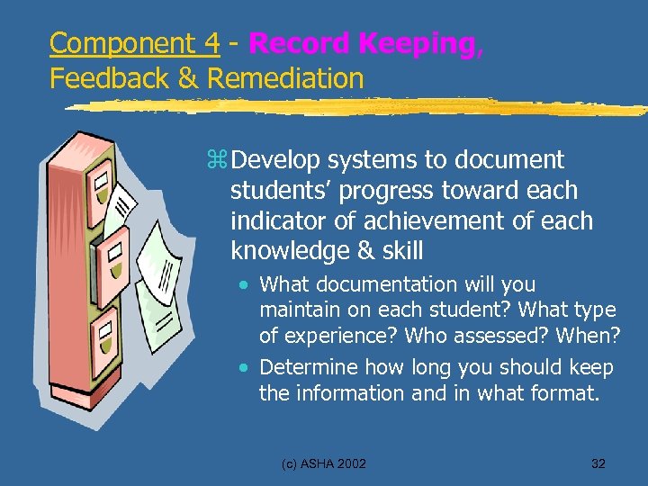 Component 4 - Record Keeping, Feedback & Remediation z Develop systems to document students’