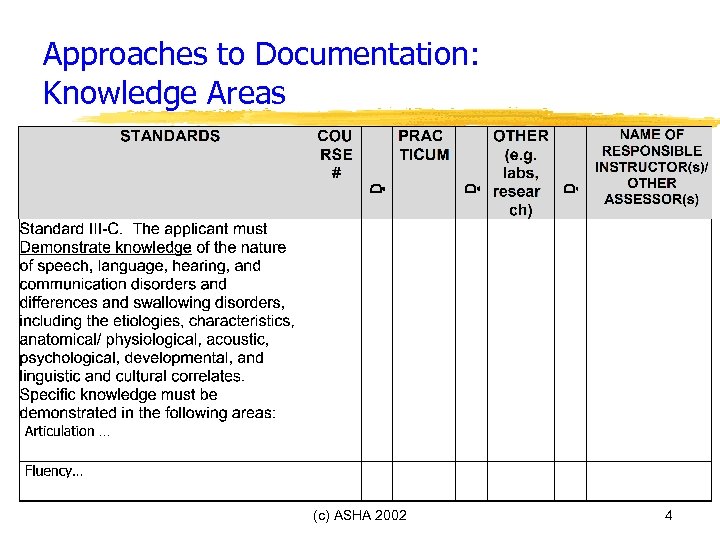 Approaches to Documentation: Knowledge Areas (c) ASHA 2002 4 