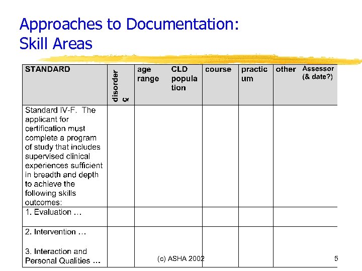 Approaches to Documentation: Skill Areas (c) ASHA 2002 5 