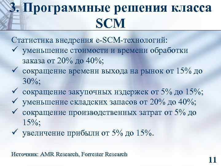 3. Программные решения класса SCM Статистика внедрения e-SCM-технологий: ü уменьшение стоимости и времени обработки