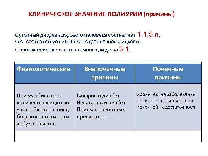 КЛИНИЧЕСКОЕ ЗНАЧЕНИЕ ПОЛИУРИИ (причины) Суточный диурез здорового человека составляет 1 -1, 5 что соответствует