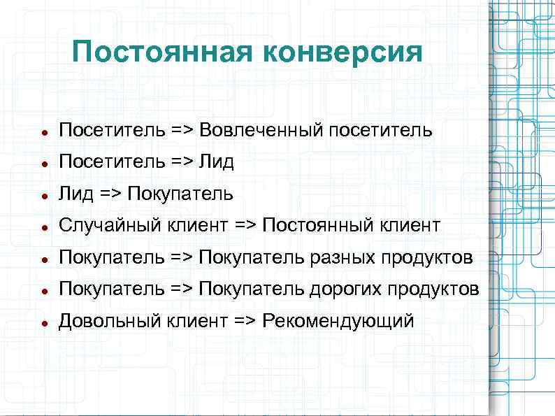 Постоянная конверсия Посетитель => Вовлеченный посетитель Посетитель => Лид => Покупатель Случайный клиент =>