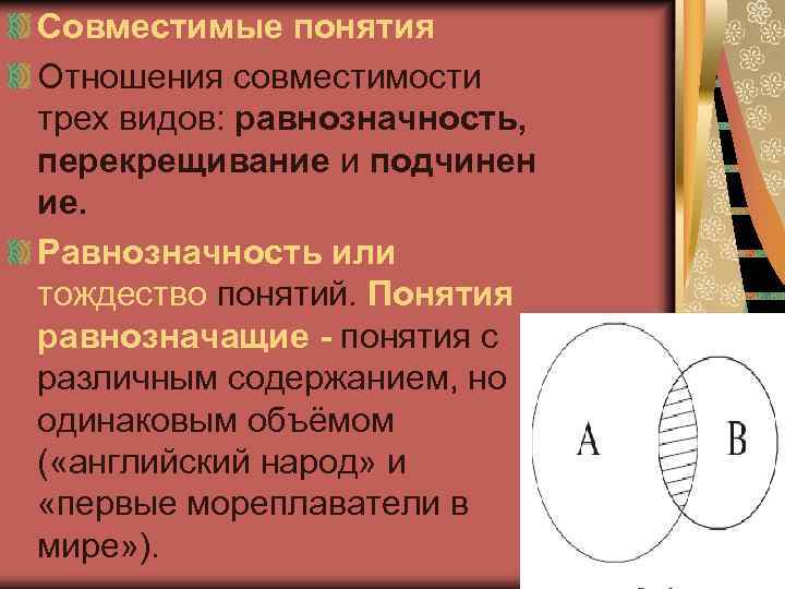 Совместимые понятия Отношения совместимости трех видов: равнозначность, перекрещивание и подчинен ие. Равнозначность или тождество