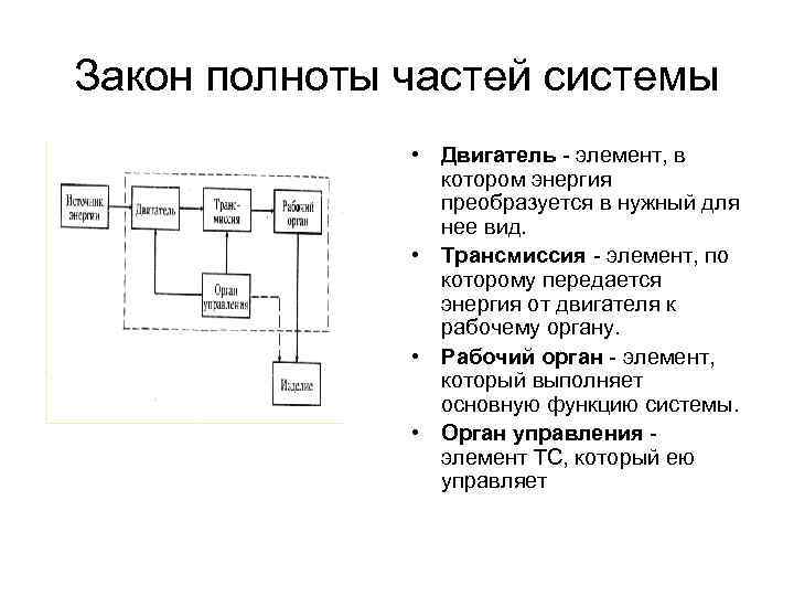 Закон полноты частей системы • Двигатель элемент, в котором энергия преобразуется в нужный для