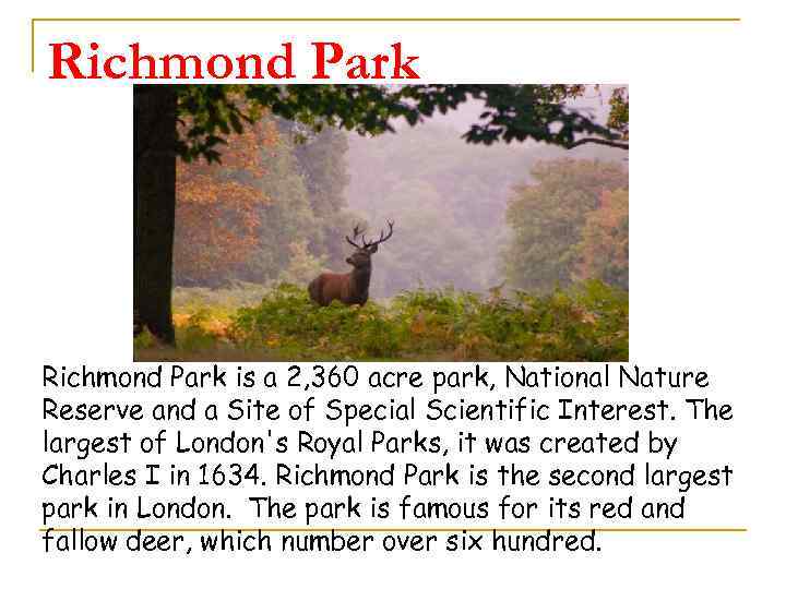 Richmond Park is a 2, 360 acre park, National Nature Reserve and a Site