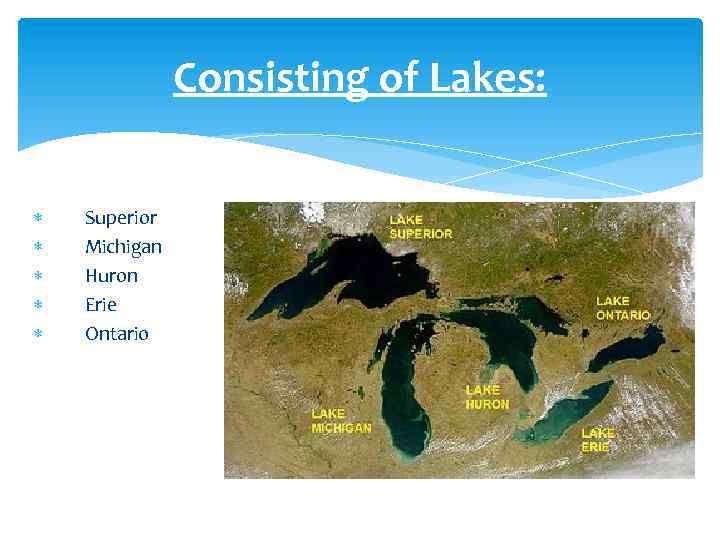 Consisting of Lakes: Superior Michigan Huron Erie Ontario 