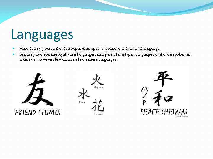 Languages More than 99 percent of the population speaks Japanese as their first language.