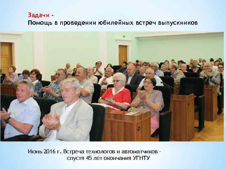Задачи – Помощь в проведении юбилейных встреч выпускников Июнь 2016 г. Встреча технологов и