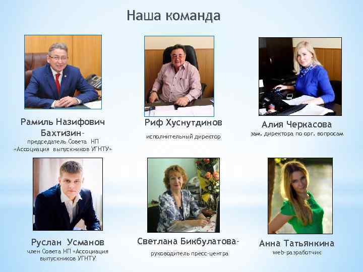 Наша команда Рамиль Назифович Бахтизин– председатель Совета НП «Ассоциация выпускников УГНТУ» Риф Хуснутдинов Алия