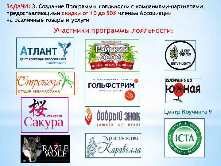 ЗАДАЧИ: 3. Создание Программы лояльности с компаниями-партнерами, предоставляющими скидки от 10 до 50% членам
