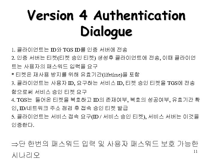 Version 4 Authentication Dialogue 1. 클라이언트는 ID와 TGS ID를 인증 서버에 전송 2. 인증
