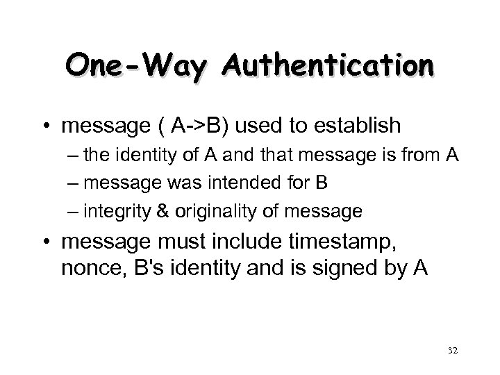 One-Way Authentication • message ( A->B) used to establish – the identity of A