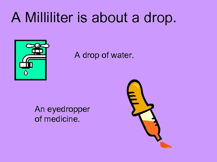 A Milliliter is about a drop. A drop of water. An eyedropper of medicine.