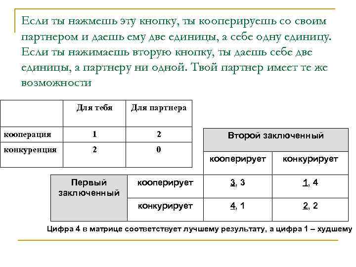 Если ты нажмешь эту кнопку, ты кооперируешь со своим партнером и даешь ему две