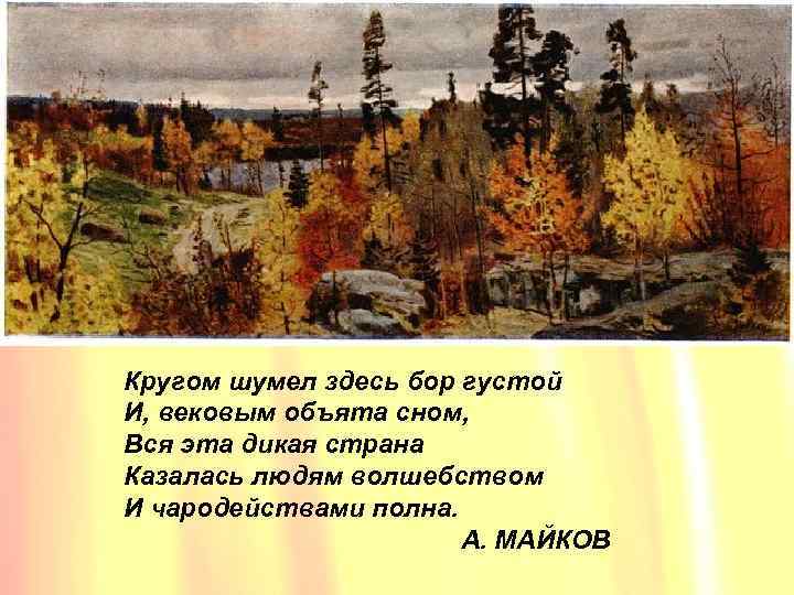 Кругом шумел здесь бор густой И, вековым объята сном, Вся эта дикая страна Казалась
