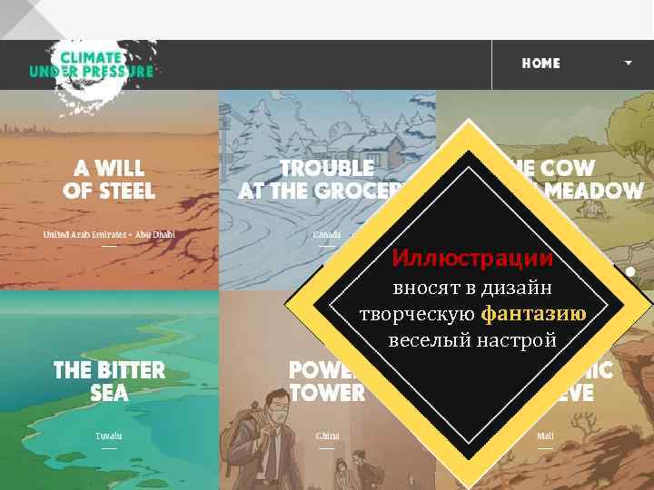 Иллюстрации вносят в дизайн творческую фантазию веселый настрой 