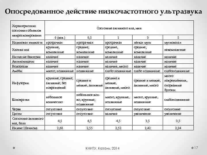 Опосредованное действие низкочастотного ультразвука Характеристика состояния объектов микроскопирования Состояние активного ила, мин 0 (исх.