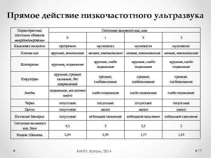 Прямое действие низкочастотного ультразвука Характеристика состояния объектов микроскопирования Состояние активного ила, мин 0 1