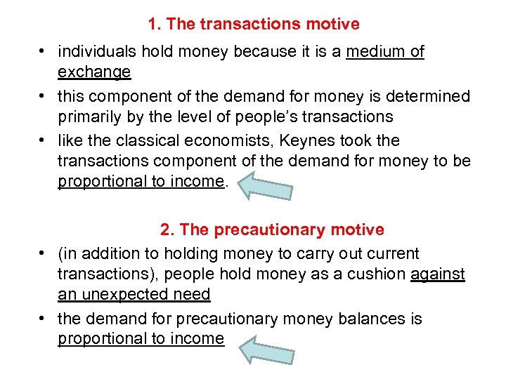 1. The transactions motive • individuals hold money because it is a medium of