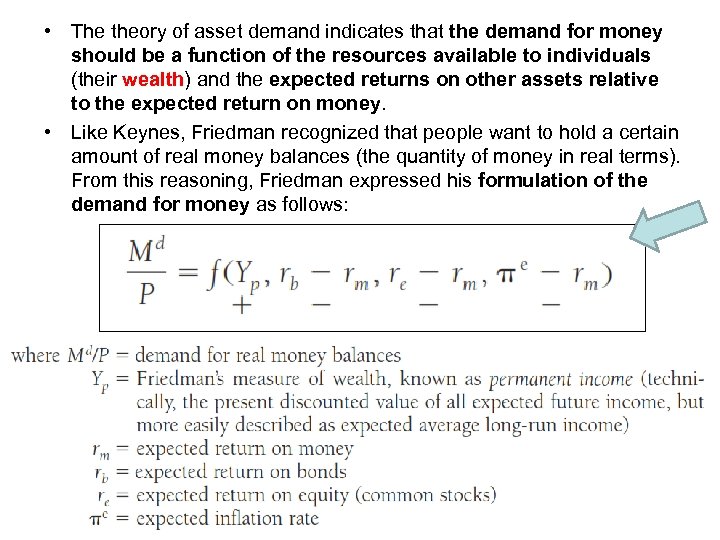  • The theory of asset demand indicates that the demand for money should