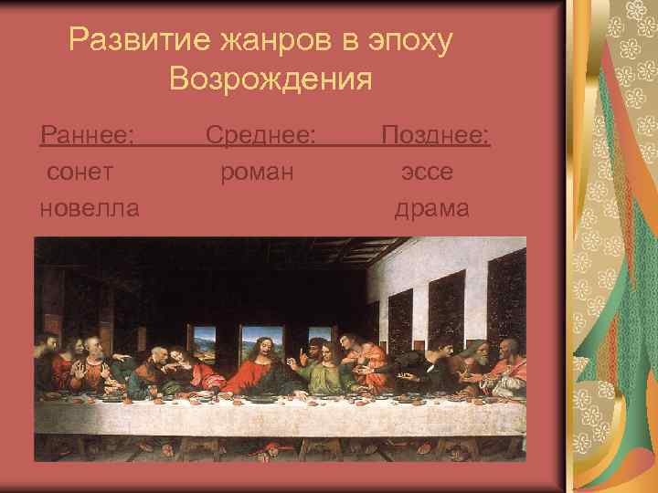 Развитие жанров в эпоху Возрождения Раннее: сонет новелла Среднее: роман Позднее: эссе драма 