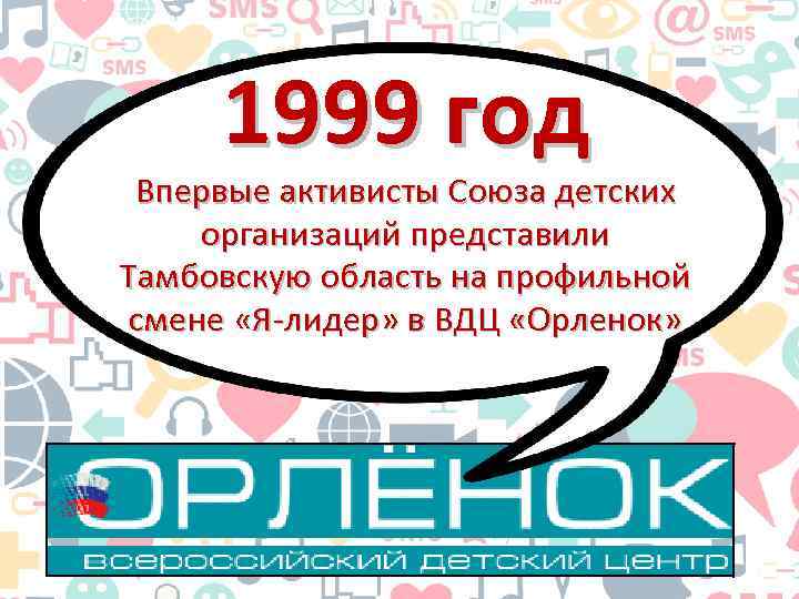 1999 год Впервые активисты Союза детских организаций представили Тамбовскую область на профильной смене «Я-лидер»