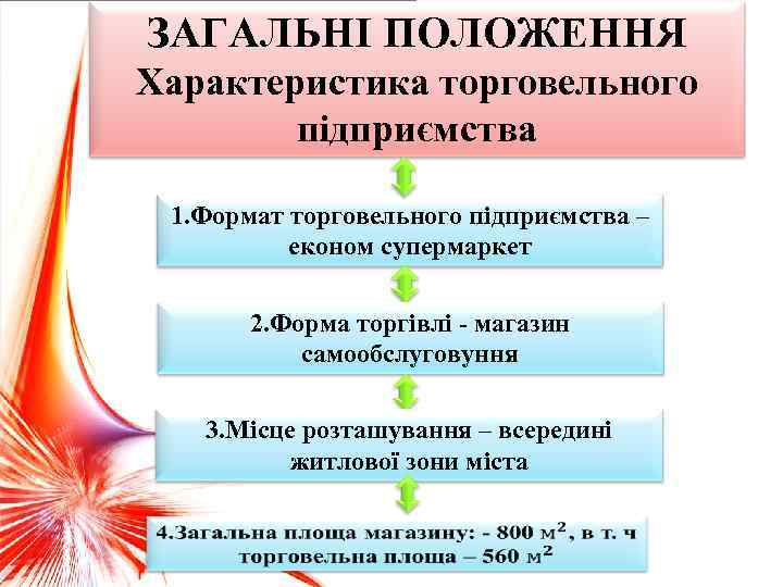 ЗАГАЛЬНІ ПОЛОЖЕННЯ Характеристика торговельного підприємства 1. Формат торговельного підприємства – економ супермаркет 2. Форма