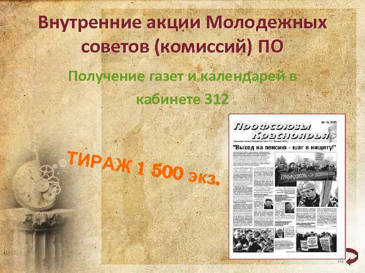 Внутренние акции Молодежных советов (комиссий) ПО Получение газет и календарей в кабинете 312 ТИРАЖ