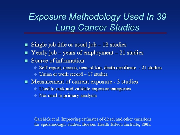 Exposure Methodology Used In 39 Lung Cancer Studies n n n Single job title